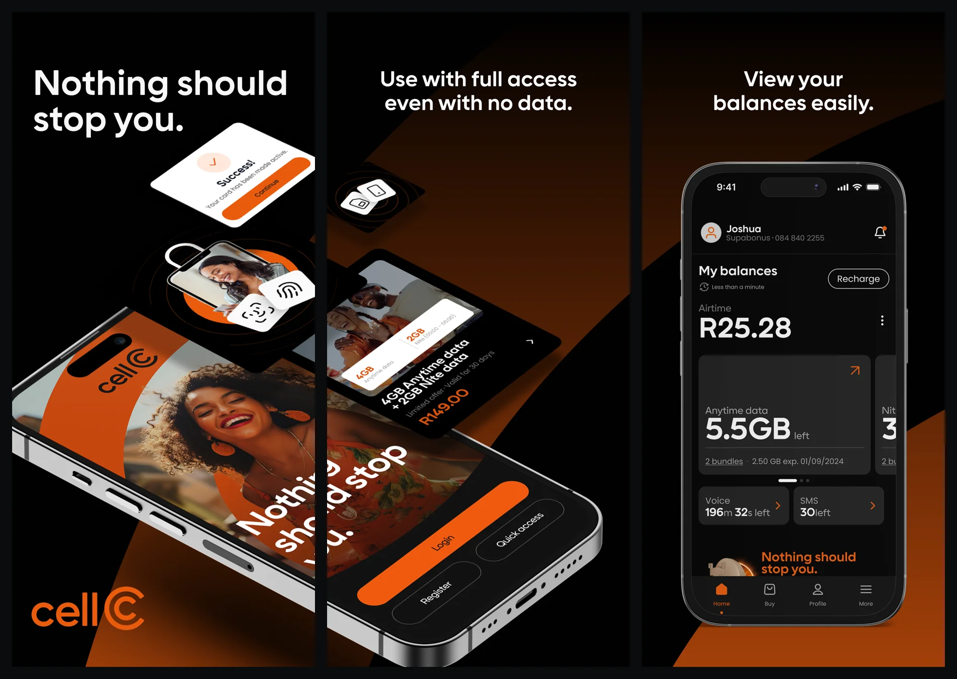 Cell C app screens from the App Store listing