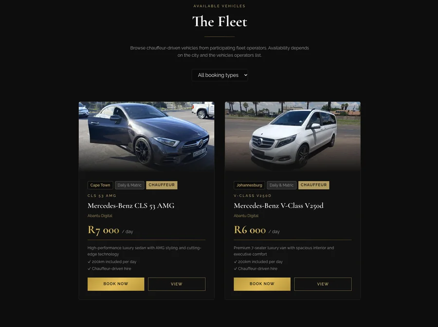 Abantu inTransit fleet page showing the Mercedes-Benz CLS 53 AMG and V-Class V250d